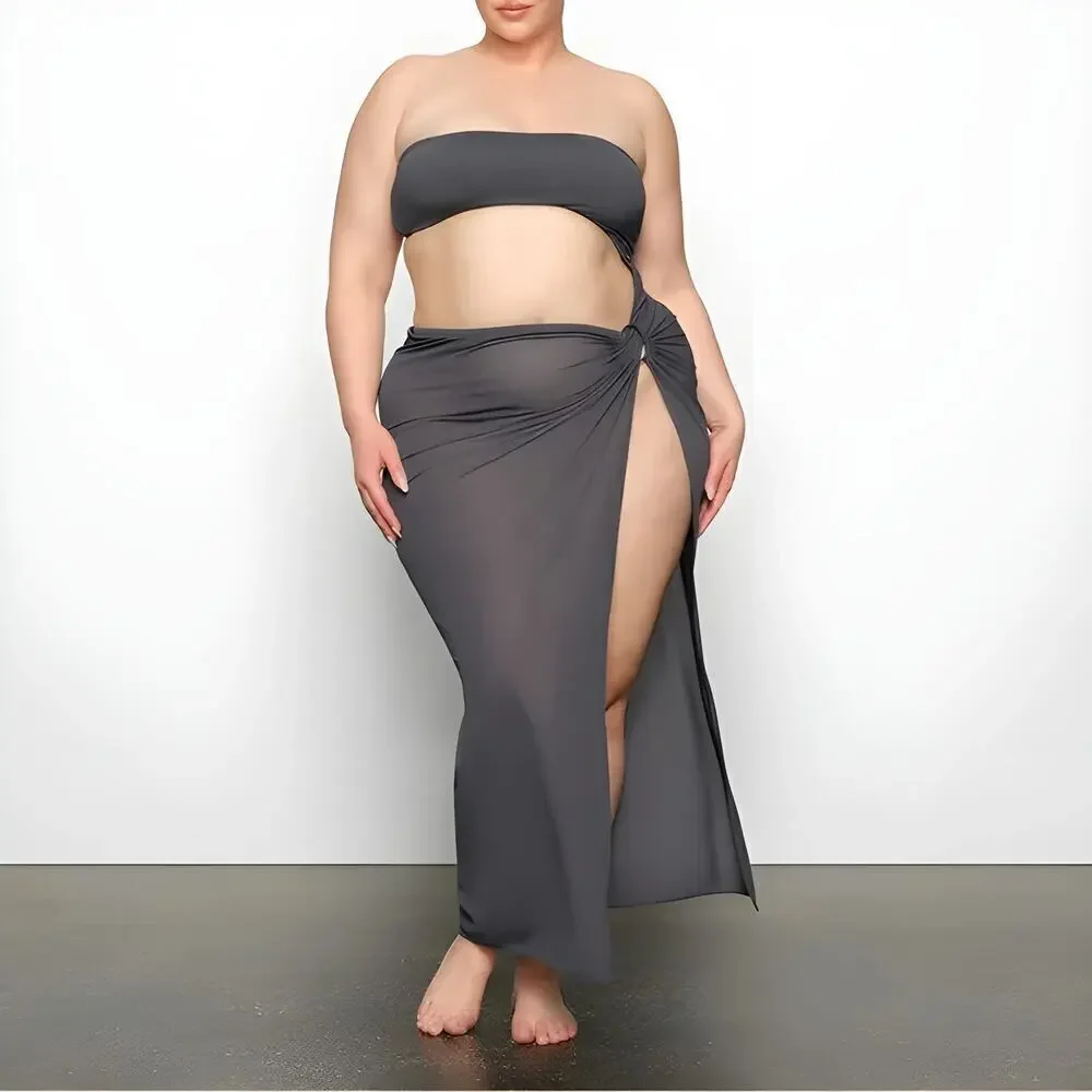 SKIMS Mesh Cover Up Long Sarong Skirt Tonal Ring Gunmetal Gray NWT Size 4X
